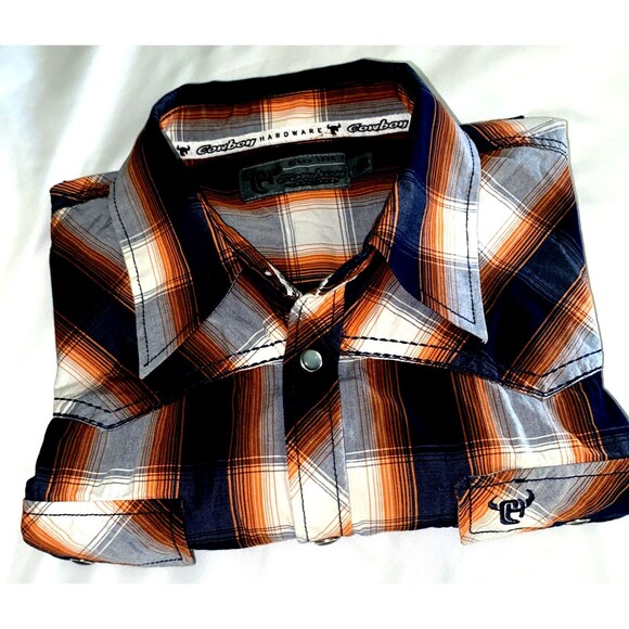 Cowboy Hardware Long Sleeve Button Front Pearl Snap Shirt Orange/Blue Plaid Med - Picture 9 of 9